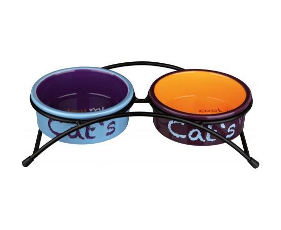 Trixie Zestaw misek ceramicznych Eat on Feet na stojaku, 2 × 0.3 l/o 12 cm, jasnoniebieska/pomarańczowa/fiolet