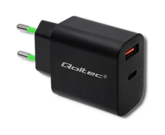 Qoltec 51713 Charger | 18W | 5-12V | 1.5-3A | USB type C PD | USB QC 3.0 | Black