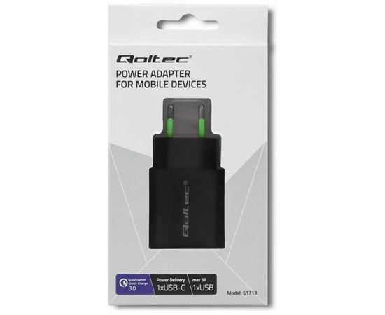 Qoltec 51713 Charger | 18W | 5-12V | 1.5-3A | USB type C PD | USB QC 3.0 | Black