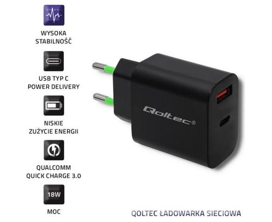 Qoltec 51713 Charger | 18W | 5-12V | 1.5-3A | USB type C PD | USB QC 3.0 | Black