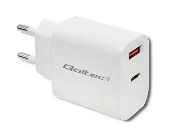 Qoltec 51714 Charger | 18W | 5-12V | 1.5-3A | USB type C PD | USB QC 3.0 | White