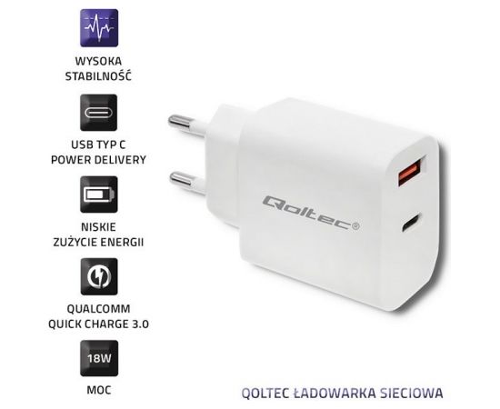 Qoltec 51714 Charger | 18W | 5-12V | 1.5-3A | USB type C PD | USB QC 3.0 | White