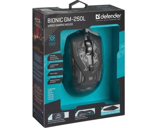 Defender Bionic GM-250L mouse Ambidextrous USB Type-A Optical 3200 DPI