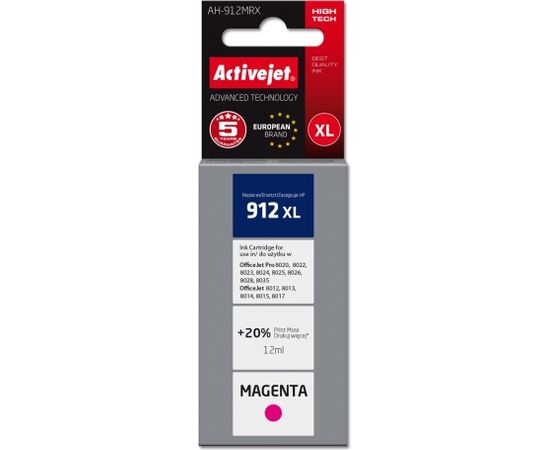 Activejet AH-912MRX ink for HP printers, Replacement HP 912XL 3YL82AE; Premium; 990 pages; purple