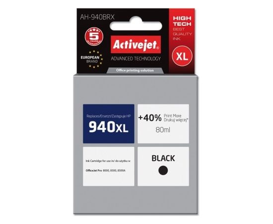 Activejet AH-940BRX Ink Cartridge for HP Printer, Compatible with HP 940XL C4906AE;  Premium;  80 ml;  black. Prints 40% more.
