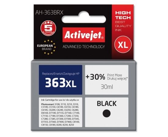 HP Activejet Ink Cartridge AH-363BRX, Compatible with HP 363XL C8719EE;  Premium;  30 ml;  black. Prints 30% more.