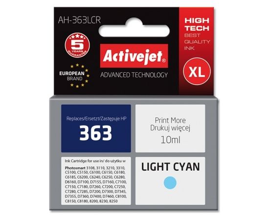 Activejet Ink Cartridge AH-363LCR for HP Printer, Compatible with HP 363 C8774EE;  Premium;  10 ml;  bright blue.