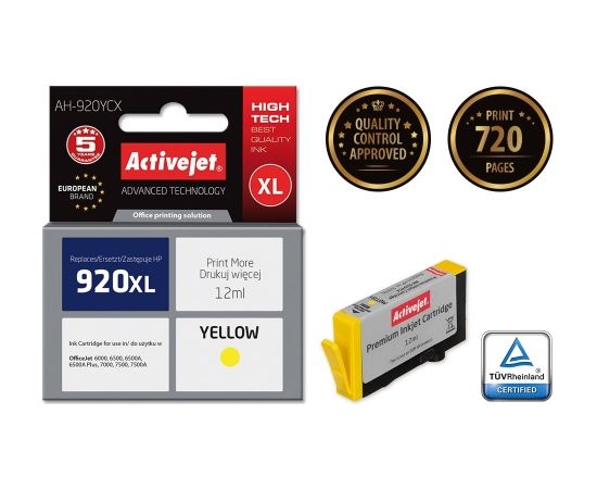 Activejet AH-920YCX HP Printer Ink, Compatible for HP 920XL CD974AE;  Premium;  12 ml;  yellow.