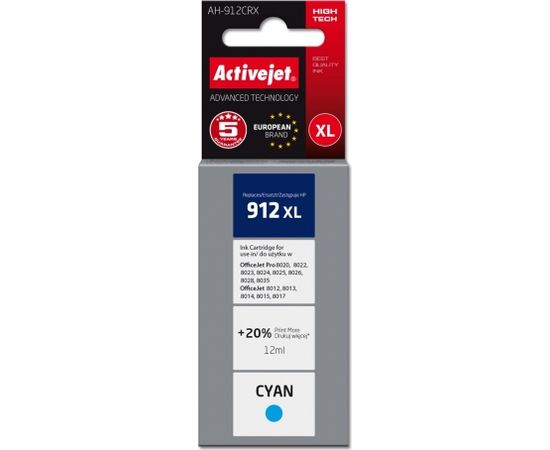 Activejet AH-912CRX ink for HP printers, Replacement HP 912XL 3YL81AE; Premium; 990 pages; blue