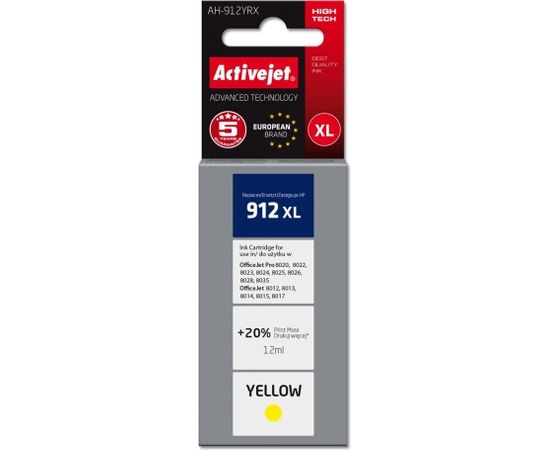 Activejet AH-912YRX ink for HP printers, Replacement HP 912XL 3YL83AE; Premium; 990 pages; yellow