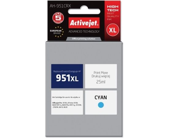 Activejet AH-951CRX HP Printer Ink, Compatible with HP 951XL CN046AE;  Premium;  25 ml;  blue.