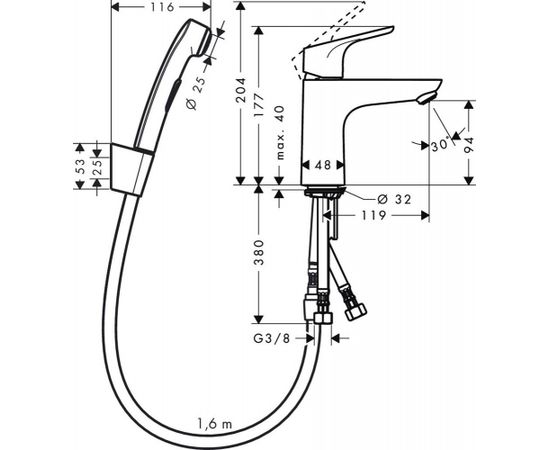 Hansgrohe Focus 100 izlietnes maisītājs ar bidetu, 1.60m, hroms