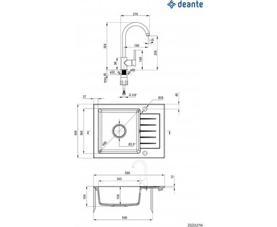 GRANITE SINK WITH MIXER TAP 1-BOWL SINK WITH DRAINER DEANTE GRAPHITE CHROME ZORBA