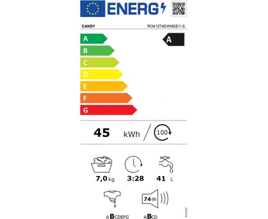 Candy Veļas mašīna RO41274DWMSE/1-S Energy efficiency class A, Front loading, Washing capacity 7 kg, 1200 RPM, Depth 45 cm, Width 60 cm, Display, TFT, Steam function, Wi-Fi, White