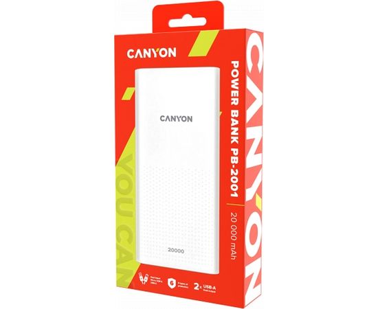 CANYON PB-2001, Power bank 20000mAh Li-poly battery, Input 5V/2A , Output 5V/2.1A(Max) , 144*69*28.5mm, 0.440Kg, white