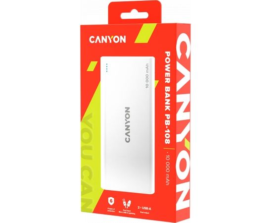 CANYON PB-108 Power bank 10000mAh Li-poly battery, Input 5V/2A, Output 5V/2.1A(Max), 140*68*16mm, 0.230Kg, White