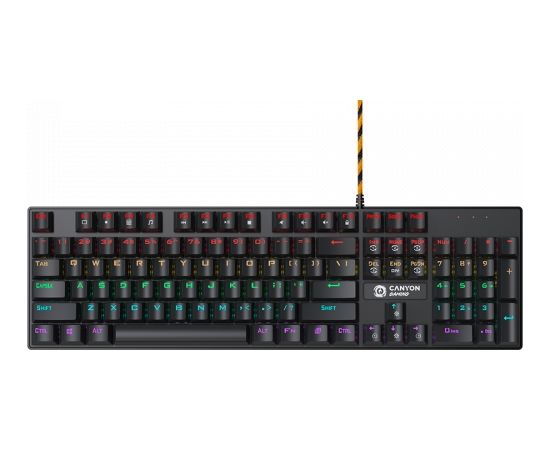 Canyon Wired black Mechanical keyboard With colorful lighting system104PCS rainbow backlight LED,also can custmized backlight,1.8M braided cable length,rubber feet,English layout double injection,Numbers 104 keys,keycaps,0.7kg, Size 429*124*35mm