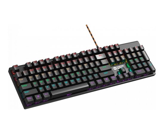 Canyon Wired black Mechanical keyboard With colorful lighting system104PCS rainbow backlight LED,also can custmized backlight,1.8M braided cable length,rubber feet,English layout double injection,Numbers 104 keys,keycaps,0.7kg, Size 429*124*35mm