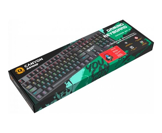 Canyon Wired black Mechanical keyboard With colorful lighting system104PCS rainbow backlight LED,also can custmized backlight,1.8M braided cable length,rubber feet,English layout double injection,Numbers 104 keys,keycaps,0.7kg, Size 429*124*35mm