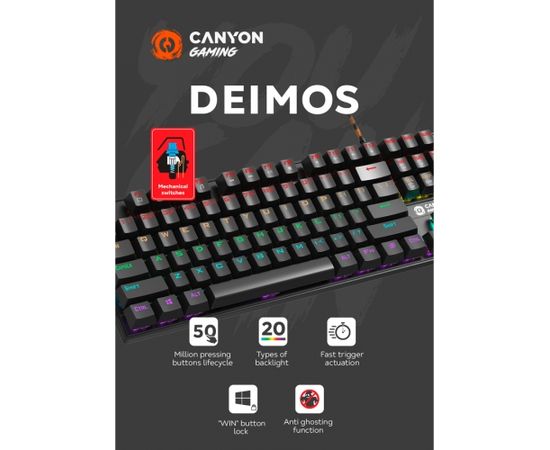 Canyon Wired black Mechanical keyboard With colorful lighting system104PCS rainbow backlight LED,also can custmized backlight,1.8M braided cable length,rubber feet,English layout double injection,Numbers 104 keys,keycaps,0.7kg, Size 429*124*35mm