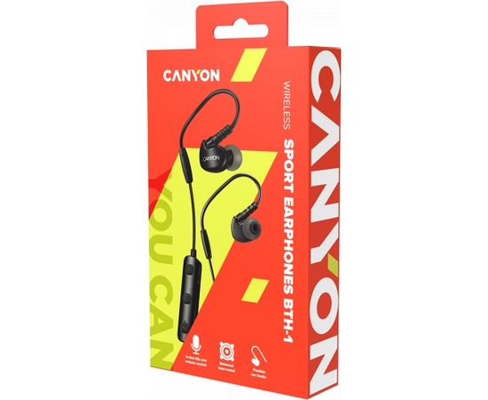 CANYON BTH-1 Bluetooth sport earphones with microphone, cable length 0.3m, 18*25*22mm, 0.028kg, Black