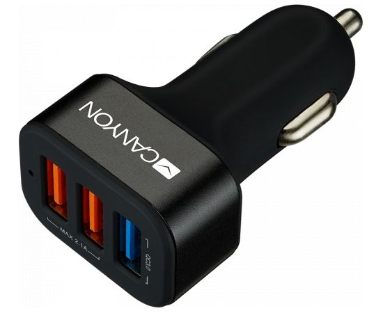 CANYON C-07 Universal 3xUSB car adapter(1 USB with Quick Charger QC3.0), Input 12-24V, Output USB/5V-2.1A+QC3.0/5V-2.4A&9V-2A&12V-1.5A, with Smart IC, black rubber coating+black metal ring+QC3.0 port with blue/other ports in orange, 66*35.2*25.1mm, 0.025