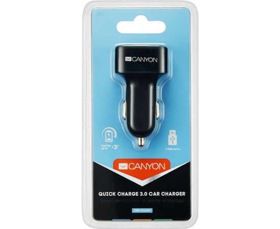CANYON C-07 Universal 3xUSB car adapter(1 USB with Quick Charger QC3.0), Input 12-24V, Output USB/5V-2.1A+QC3.0/5V-2.4A&9V-2A&12V-1.5A, with Smart IC, black rubber coating+black metal ring+QC3.0 port with blue/other ports in orange, 66*35.2*25.1mm, 0.025
