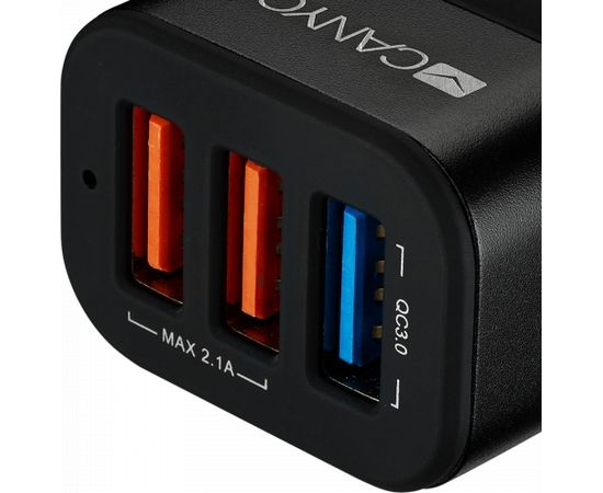 CANYON C-07 Universal 3xUSB car adapter(1 USB with Quick Charger QC3.0), Input 12-24V, Output USB/5V-2.1A+QC3.0/5V-2.4A&9V-2A&12V-1.5A, with Smart IC, black rubber coating+black metal ring+QC3.0 port with blue/other ports in orange, 66*35.2*25.1mm, 0.025