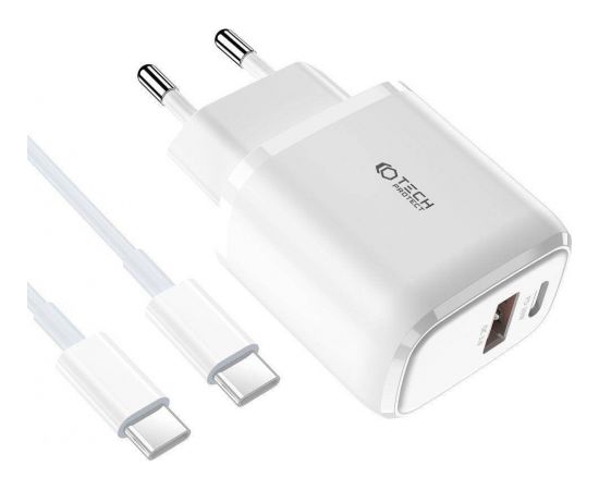 LĀDĒTĀJS Tech-protect C20W 2-port Network Charger PD 20W QC 3.0 + USB-C Cable White