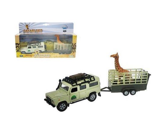 Land Rover automašīna ar piekabi un žirafi