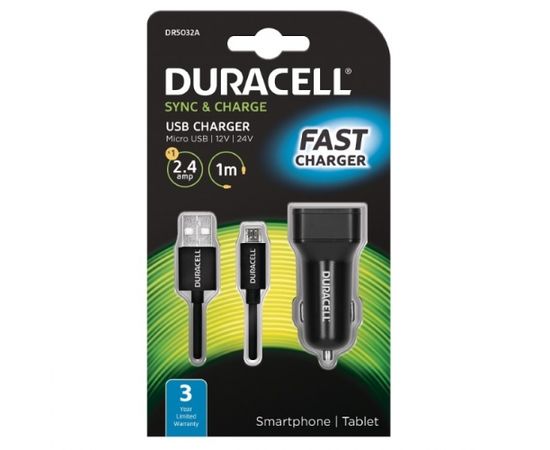 Duracell Universāls 2.4A Vienas USB Ligzdas Auto 12V-24V DC 5V Ātrs Lādētājs + Micro USB kabelis 1m Telefonam / Planšetdatoram Melns