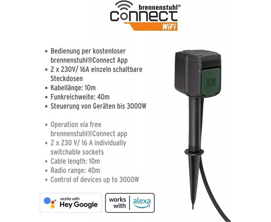 Brennenstuhl Connect WiFi garden socket 2-way, with ground spike and mounting plate, socket strip (black/green, 10 meters, timer, voice control)