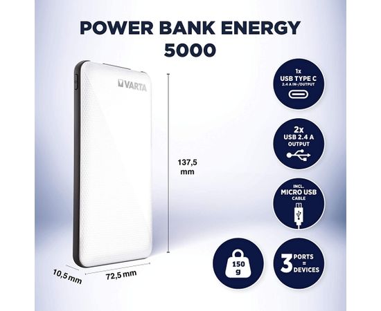 Varta Power Bank Energy 5000, power bank (white)