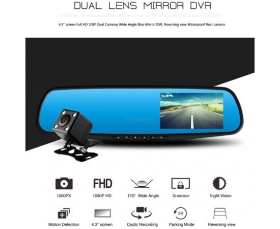 RoGer 2in1 Auto video Reģistrātors ar Spogulis un atpakaļskata Kameru / Full HD / 170' / G-Sensor / MicroSD / LCD 5''