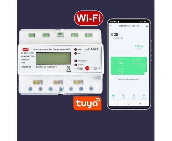 Wi-Fi Trīs fāžu elektrības skaitītajs ar iesl./izsl. Releju | iOS, Android App TUYA | 80A | 7 DIN
