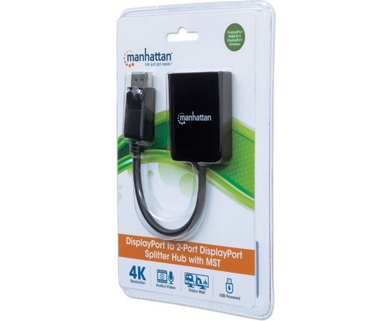 Manhattan DisplayPort 1.2 to 2-Port DisplayPort 1.2 Splitter Hub with MST, 4K@30Hz, USB-A Powered, Video Wall Function, Black, Three Year Warranty, Blister