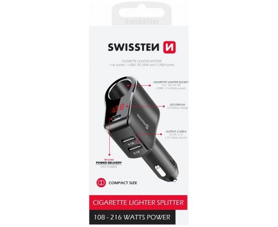 Swissten Auto Lādētājs 1x USB-C PD / 2x USB-A / CL / LED