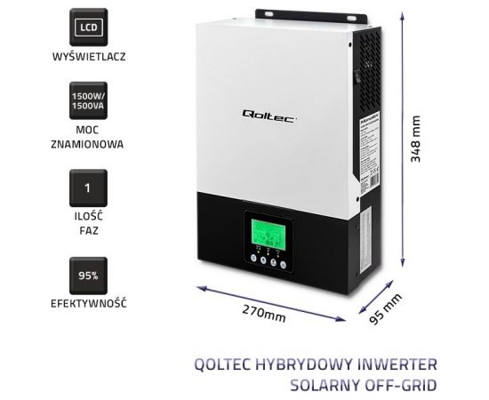 Qoltec 53875 Hybrid Solar Inverter Off-Grid 1.5KW | 80A | MPPT | Sinus Akumulatoru spēkstacijas