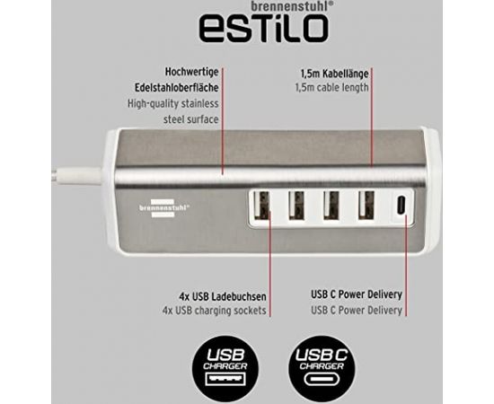 Brennenstuhl Estilo USB multi-charger (white/stainless steel, 5x USB, PD 20 Watt)