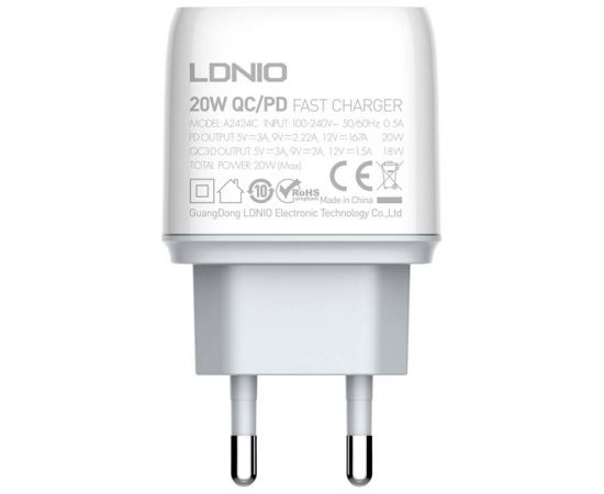 Wall charger LDNIO A2424C USB, USB-C 20W + USB-C - USB-C Cable
