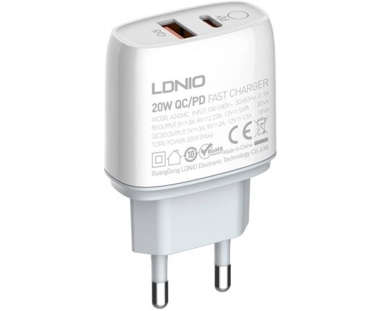 Wall charger LDNIO A2424C USB, USB-C 20W + Lightning Cable