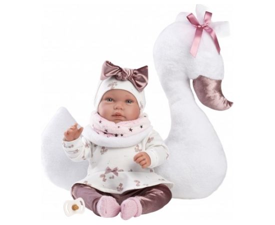 Llorens Lelle Tina meitene ar gulbja spilvenu 44 cm (raud, runā, ar mānekli, mīkstais ķermenis) Spānija LL84456