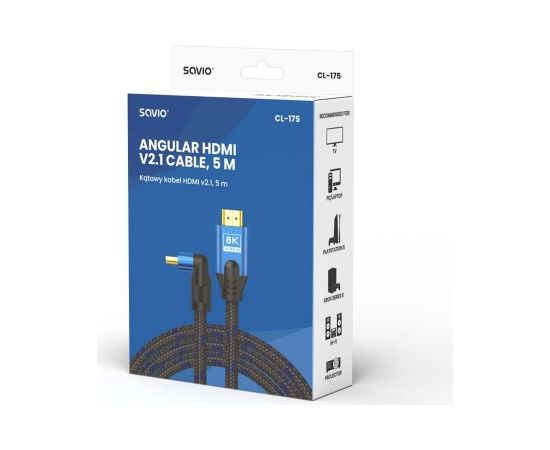 Savio HDMI (M) v2.1 cable, angled, 8K, HDR Dynamic, OFC copper, 5m, CL-175