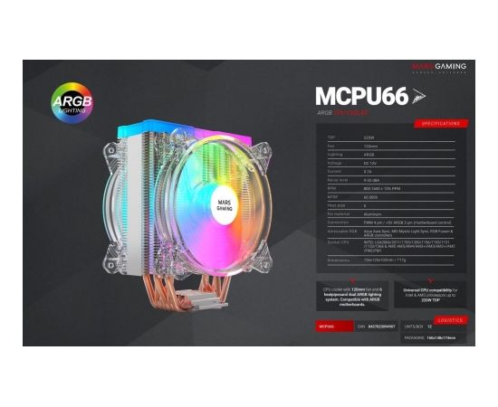 Mars Gaming MCPU66 CPU Cooler ARGB 220W Dual Fan 120mm Dzesētājs procesoram