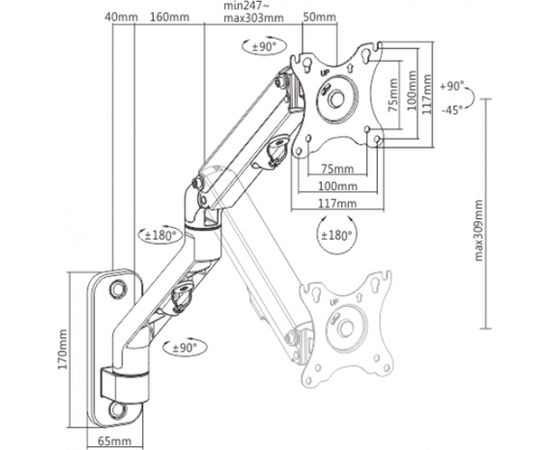 Gembird MA-WA1-02 Adjustable wall display mounting arm, 17”-27”, up to 7 kg