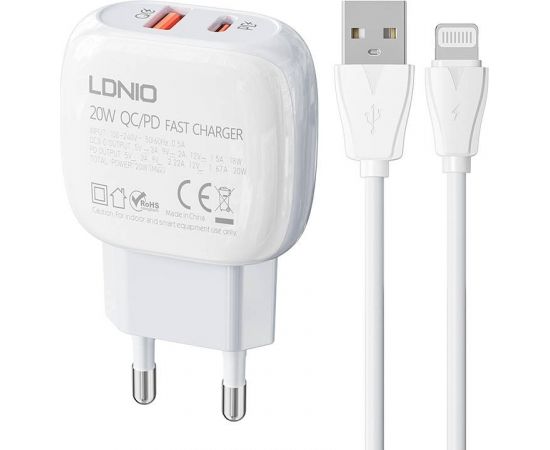 Wall charger  LDNIO A2313C USB, USB-C 20W + USB to Lightning cable