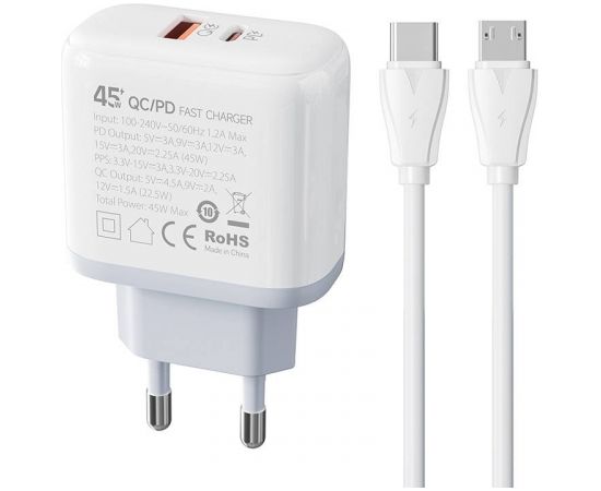 Wall charger LDNIO A2526C USB, USB-C 45W Wall + MicroUSB cable