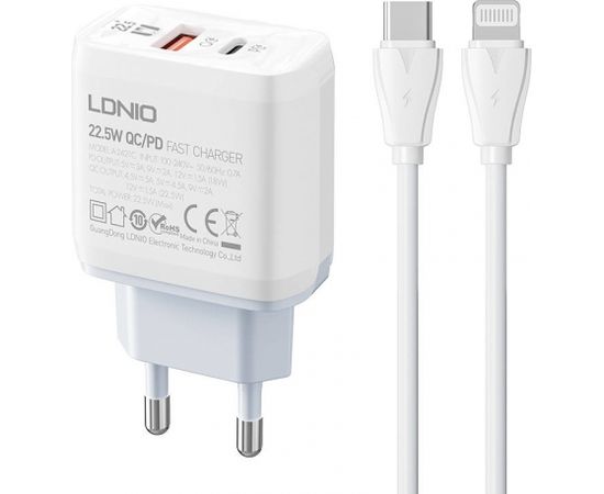 Wall charger  LDNIO A2421C USB, USB-C 22.5W + USB-C - Lightning cable