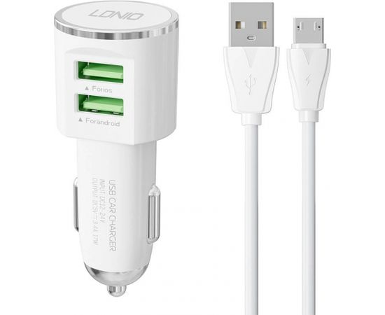 LDNIO DL-C29 car charger, 2x USB, 3.4A + Micro USB cable (white)