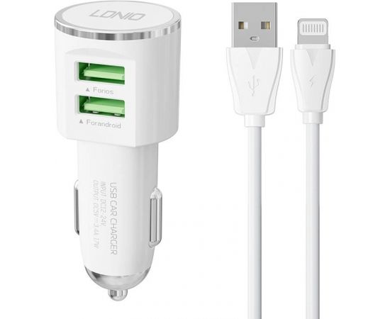 LDNIO DL-C29 car charger, 2x USB, 3.4A + Lightning cable (white)
